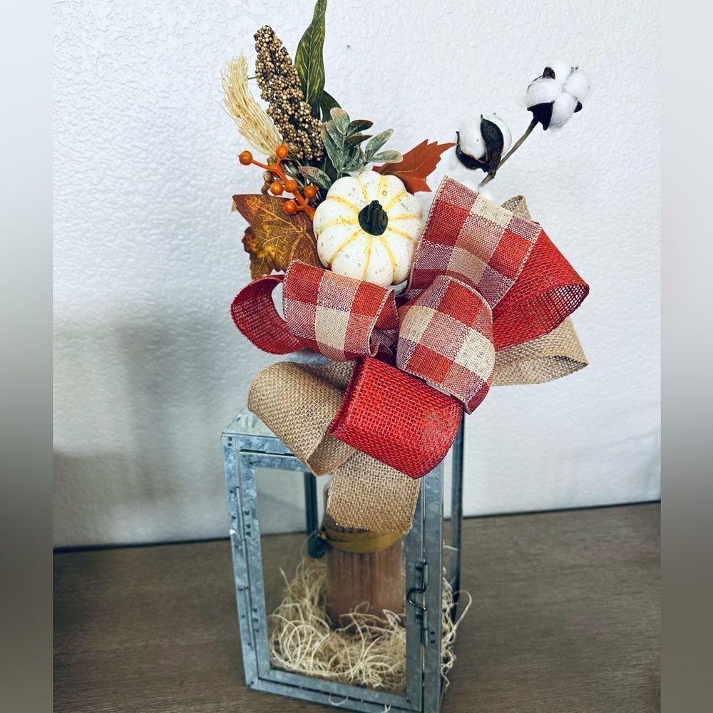 Fall Autumn Galvanized Metal Farmhouse Lantern Burlap Floral Decor